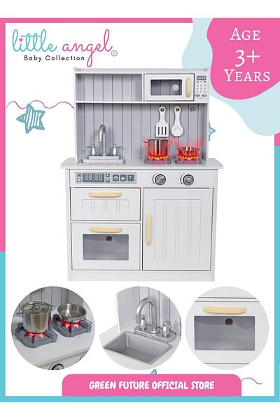 LITTLE ANGEL Kids Wooden Play Kitchen – Pretend Cooking Set with Lights, Sounds & Accessories