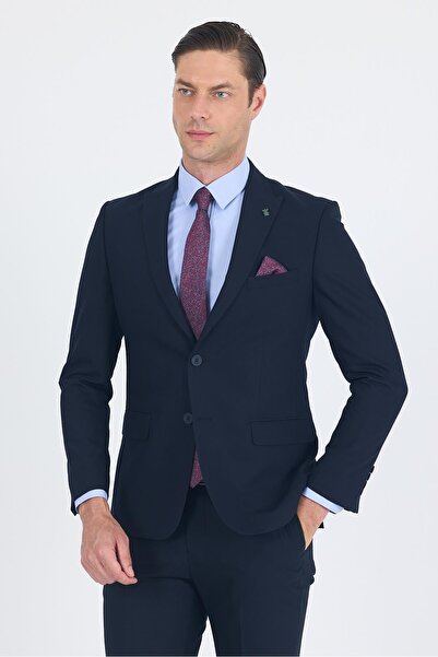 İmza Navy Blue Plain Gabardine Sword Collar 2 Buttons Cotton 6 Drop Slim Fit Basic Suit 1001250011_206