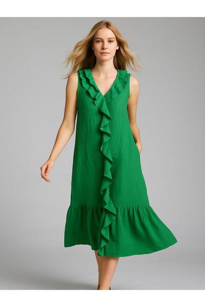 Butik İtalyan Fırfır Detaylı Keten Elbise - YEŞİL