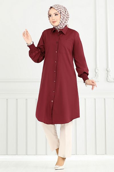 ModaMerve Μπροστινό κουμπί Hijab Tunik 282ASN936-M Claret Red