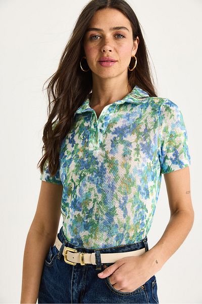 Bianco Lucci Women's Polo Neck Patterned Digital Printed Regular Summer Knitted Blouse 60282016