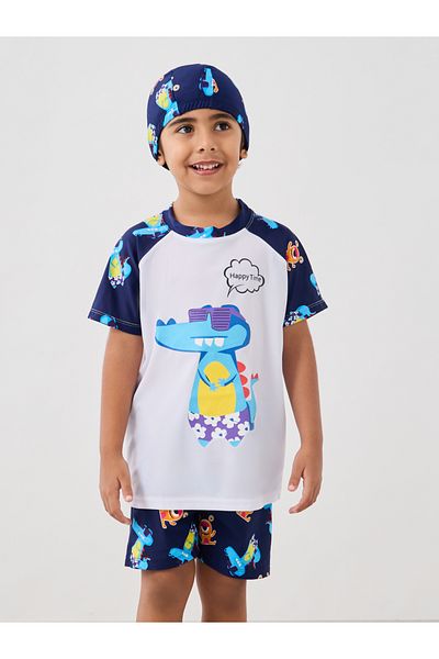 Styli Graphic Print Reglan Sleeve Swim T-Shirt with Shorts and Cap Set
