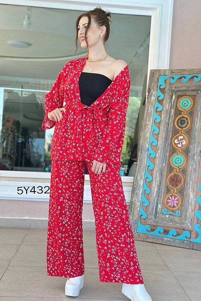 İnce Topuk Crop Kimono Viscose 3 Piece Set 5Y432