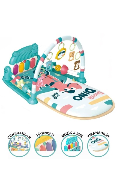babydoor Toys Piyanolu Sesli Ve Işıklı Gökkuşağı Dinozor Desenli Oyun Halısı Ve Aktivite Halısı