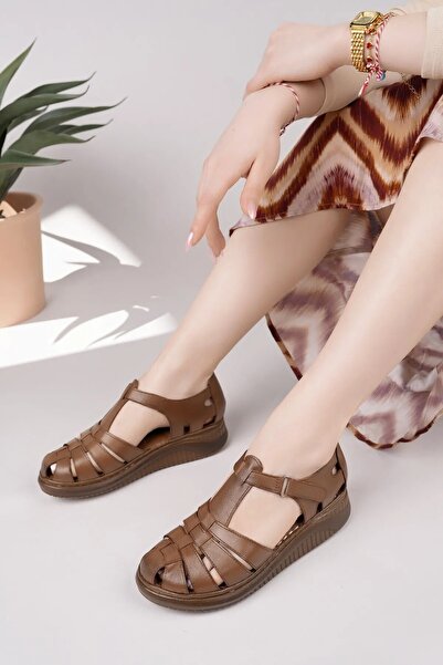 KAFKASLAR AYAKKABI Full Orthopedic Genuine Leather Soft Sole Stitched Closed Front Sandal Shoes