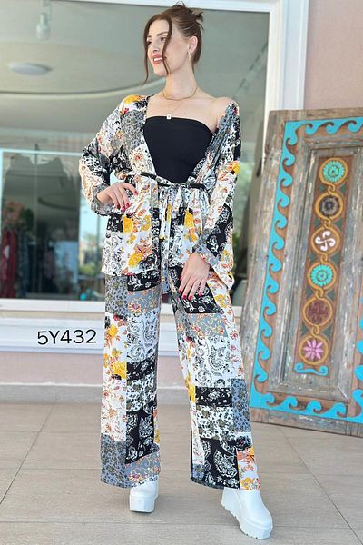 İnce Topuk Crop Kimono Viscose 3 Piece Set 5Y432
