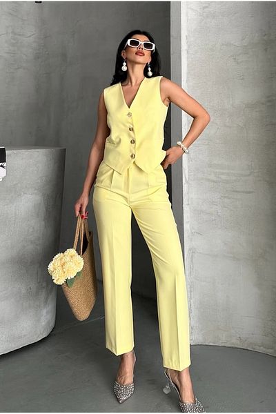 pembekurdelem Women's Flower Button Detailed Classic Vest Trousers Suit Yellow