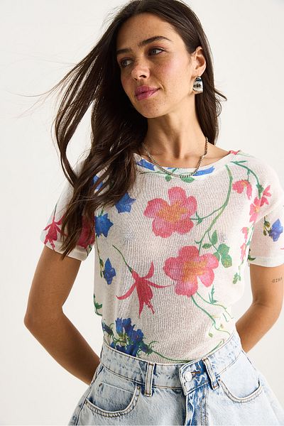 Bianco Lucci Tricou tricotat de vară, cu model, cu imprimeu digital, pentru femei 60282015
