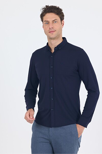 İmza Cămașă slim fit, albastru bleumarin închis, cu nasturi, cu mânecă lungă, fără buzunare 1004250254