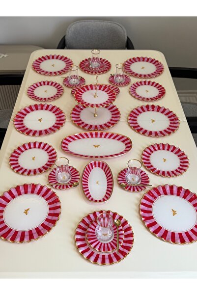 Hediye Köşkü Pembe Kelebekli 34 parça 6 Kişilik Kahvaltı ve Çay Seti