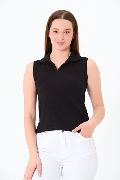 Sortie Collection Tricou negru pentru femei, cu gât polo, fără mâneci, basic ...