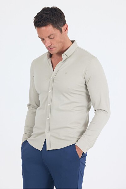 İmza Gray Italian Button Collar Long Sleeve Pocketless Slim Fit Shirt 1004250254
