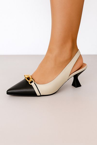 Mariolucci Women's Daily Heeled Shoes Genuine Beige Leather Body (Toe Genuine Black Leather)