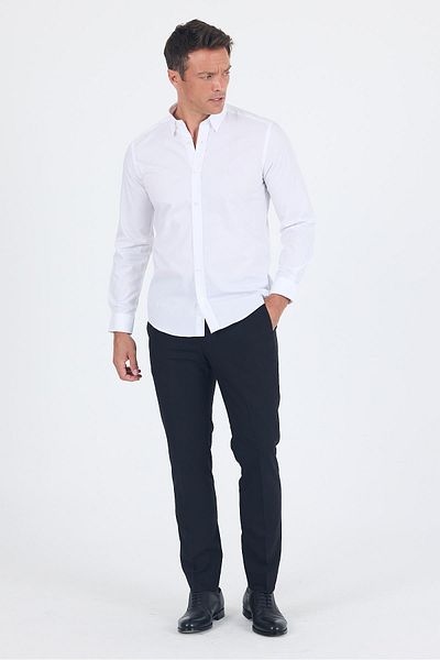 İmza White Smart Button Collar Pocketless Cloth Leg Long Sleeve Slim Fit 100% Cotton Shirt 1004250223