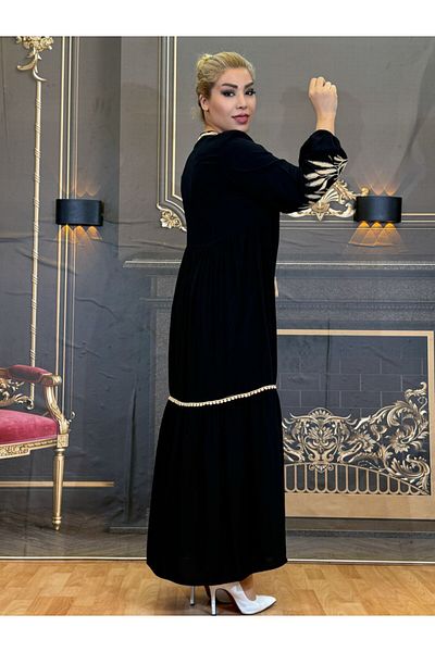 Yeşilmoda Hijab Dress,Cotton Fabric,Casual Embroidered Black Maxi Long Sleeve Sleeves Elastic Women