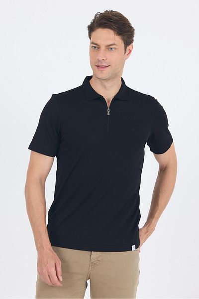 İmza Μαύρο κοντομάνικο μονόχρωμο μπλουζάκι Suprem Polo Collar χωρίς τσέπη Stretchy Casual Slim Fit T-shirt 1011250161_001