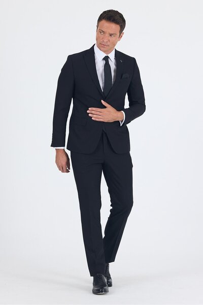 İmza Black Plain Gabardine Sword Collar 2 Buttons Cotton 6 Drop Slim Fit Basic Suit 1001250011_001