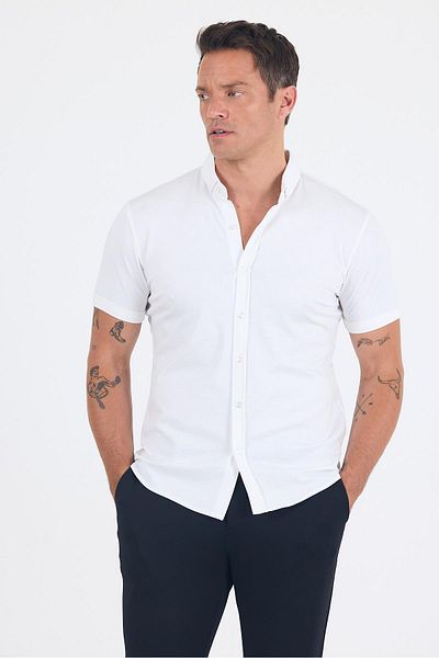 İmza White Italian Button Collar Short Sleeve Pocketless Slim Fit Shirt 1004250255