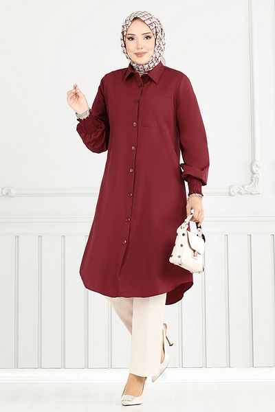 ModaMerve Μπροστινό κουμπί Hijab Tunik 282ASN936-M Claret Red