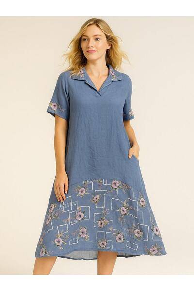 Butik İtalyan Çiçek Desenli Keten Elbise - MAVİ