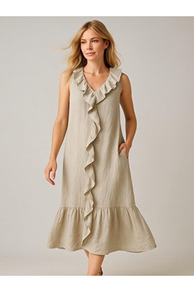 Butik İtalyan Fırfır Detaylı Keten Elbise - BEJ