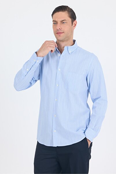 İmza Dark Blue Long Sleeve Smart Button Collar Pocket Comfort Fit 100% Cotton Shirt 1004250236
