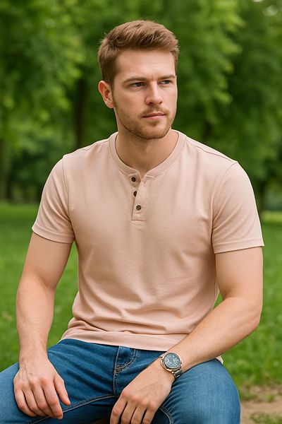 UOMOPARK 2124 Henley T-shirt Καφέ με λεπτομέρεια με κουμπιά Basic Casual T-shirt