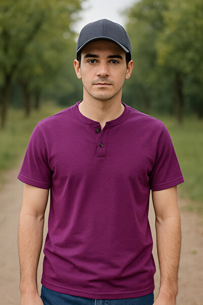 UOMOPARK 2124 Henley T-Shirt Brown Button Detailed Basic Casual t Shirt