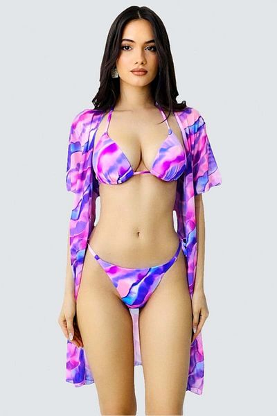 FashionForYou Kerya three-piece beach set, drawstring cardigan and swimsuit, Wave Purple, 44