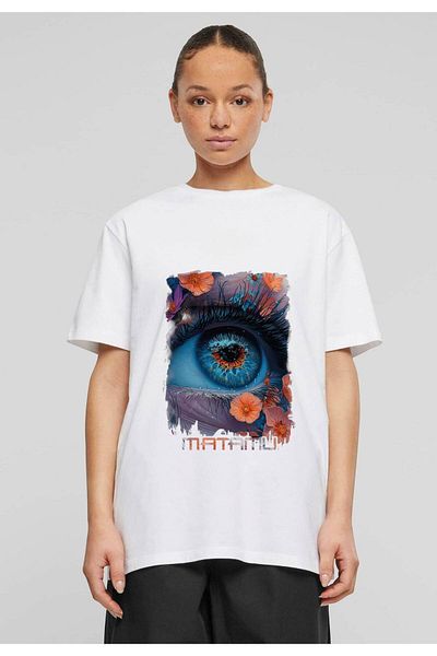 Frisson Cotton Oversize White Crew Neck Casual T-Shirt "Matamu" Printed T-Shirt