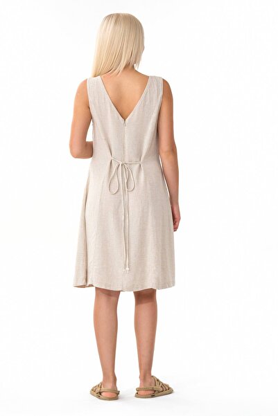 Fashion Showcase Καλοκαιρινό λινό φόρεμα με λουράκι μέσης με κορδόνια μπεζ