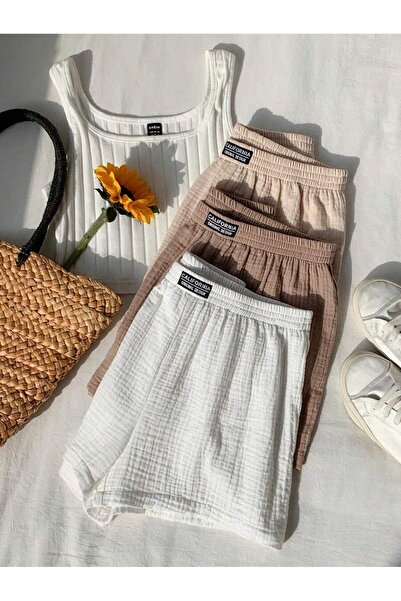 MOONBULL Kadın California Etiket Detaylı Bürümcük Kumaş Rahat Kesim 3'lü Şort