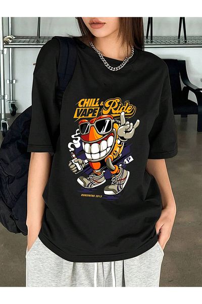 Frisson Cotton Black Oversize Crew Neck Casual T-Shirt "Chill Ride Vape" Printed T-Shirt