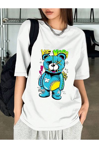 Frisson Cotton Oversize White Crew Neck Casual T-Shirt "Blue Bear" Printed T-Shirt