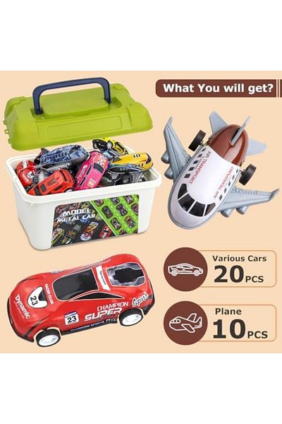 supecaty Pull-back Cars and Airplanes Toy Set with Storage Box, 30 Pieces