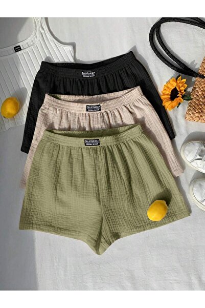 MOONBULL Kadın California Etiket Detaylı Bürümcük Kumaş Rahat Kesim 3'lü Şort