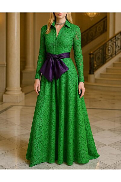 UNTIMELY Mor Tafta Kuşaklı Yeşil Dantel Maxi Gömlek Elbise