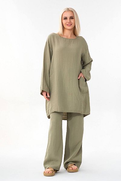 Fashion Showcase Muslin Tunic 100% Cotton Pocket Detail Loose Muslin Dress Hijab Green