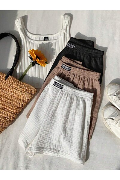 MOONBULL Kadın California Etiket Detaylı Bürümcük Kumaş Rahat Kesim 3'lü Şort