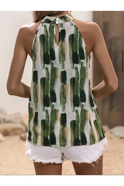 Moda Monisa Halter Neck Sleeveless Micro Fabric Shawl and Brush Pattern Khaki Green Blouse