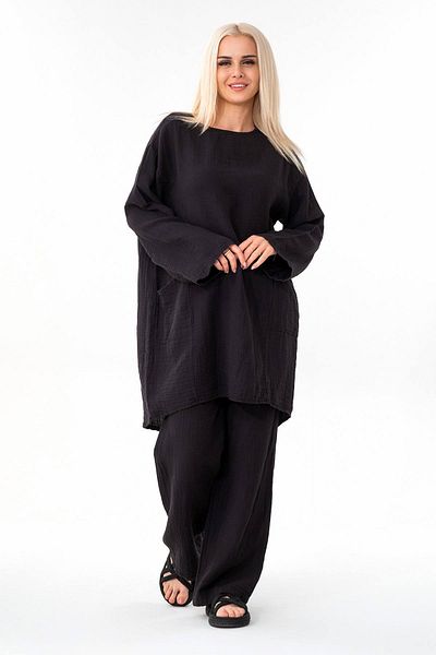 Fashion Showcase Τουνίκ μουσελίνας 100% βαμβακερή λεπτομέρεια τσέπης Casual φόρεμα μουσελίνας Hijab μαύρο