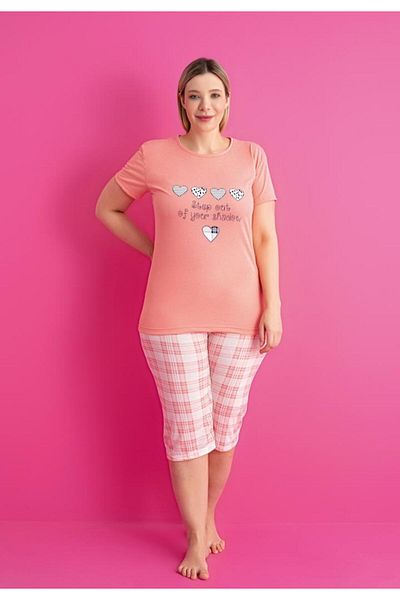 RİNDA Women's cotton pajamas plus size, short sleeve, 3/4 pants – Step Out, Salmon