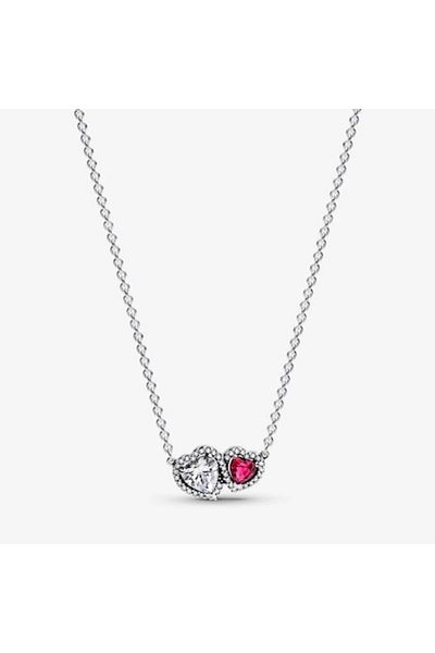 Pandora Colier Pandora cu pandantiv cu doua Inimioare tip Halo din Cristal si Zirconiu Argint 925 - 45cm