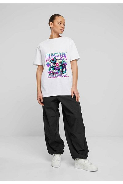 Frisson Cotton Oversize White Crew Neck Casual T-Shirt "Chameleon" Printed T-Shirt