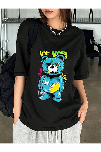 Frisson Cotton Black Oversize Crew Neck Comfortable T-Shirt "Blue Bear" Printed T-Shirt