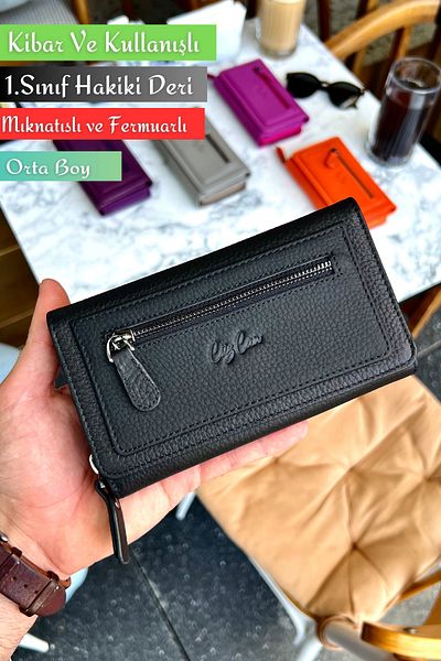 CüzCan Julia Black Genuine Leather Women's Wallet Medium Size Stylish and Convenient