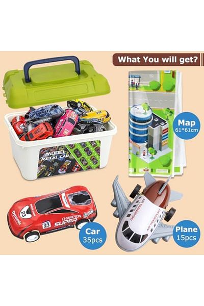 supecaty Pull-Back Cars and Planes Set with Box and Map for Kids, 50 Pieces