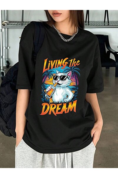 Frisson Tricou confortabil din bumbac, negru, supradimensionat, cu decolteu r...