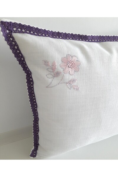 Fabric by Gülçin KETEN PAMUKLU BEYAZ KUMAŞ İPEK İPLİK ÇİÇEK NAKIŞLI MOR DANTE...