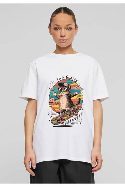 Frisson Cotton Oversize White Crew Neck Casual T-Shirt "I Am a Scater" Printed T-Shirt